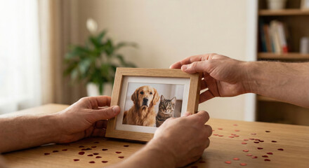 Hands holding framed photograph of dog and cat on table.