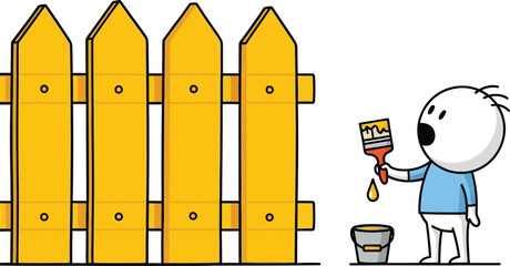 Charming illustration of a child painting a wooden picket fence in bright yellow with a blue sky backdrop