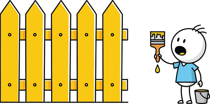 Snoopy stands by a bright yellow picket fence holding a microphone ready to broadcast a cheerful message