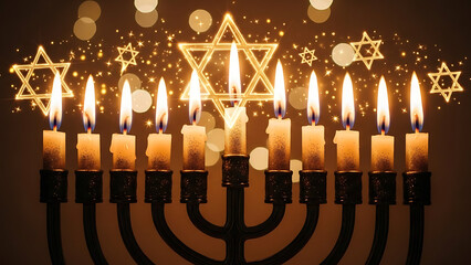 Glowing hanukkah menorah with nine lit candles and festive background
