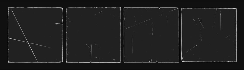 Naklejka premium Distressed square old paper frame torn edge grainy overlay texture set. Authentic vintage overlay collection for retro vinyl record, scratched album art, rough poster mockups, and aged graphic design.