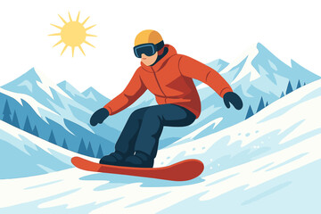 A snowboarder on a red board rides the mountains on a sunny day, showcasing snowboarding and winter sports