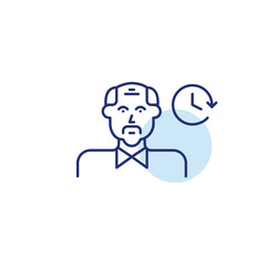Older man and clock. Daily routine, timeless tracking and work schedules. Pixel perfect, editable stroke vector icon
