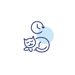 Sleeping cat and clock. Pet sleep routine, daily timed cat activities. Pixel perfect, editable stroke vector icon