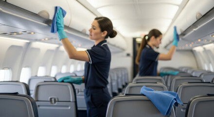Fototapeta premium Two women cleaning overhead compartments inside an airplane cabin.
