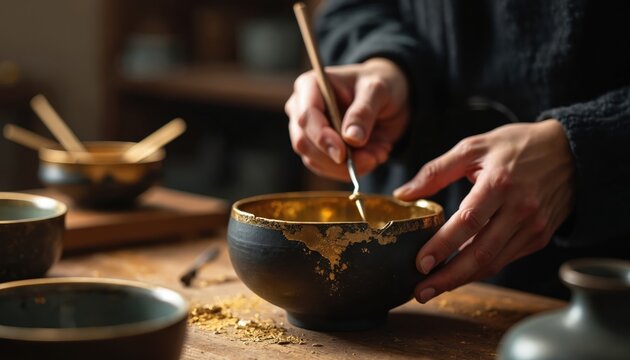 Artist repairs cracked ceramic bowl with gold lacquer. Skilled hands apply precious metal creating kintsugi art. Focus on delicate mending and traditional pottery craft.