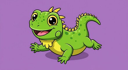 Obraz premium Adorable cartoon illustration of a happy, green lizard with big eyes and a friendly smile