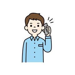 スマートフォンで通話する・話す、若い男性・ビジネスマン・パパのベクターイラスト素材＿カラー
