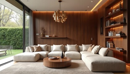 Modern living room features comfy modular sofa, sleek wood walls, floating shelves. Stylish bronze chandelier hangs above wood coffee table. Large window offers garden view. Soft ambient lighting