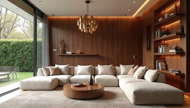 Modern living room features comfy modular sofa, sleek wood walls, floating shelves. Stylish bronze chandelier hangs above wood coffee table. Large window offers garden view. Soft ambient lighting
