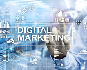 Businessman interacting with a futuristic display showcasing 'digital marketing' text, surrounded by various related icons and data visualizations on city background