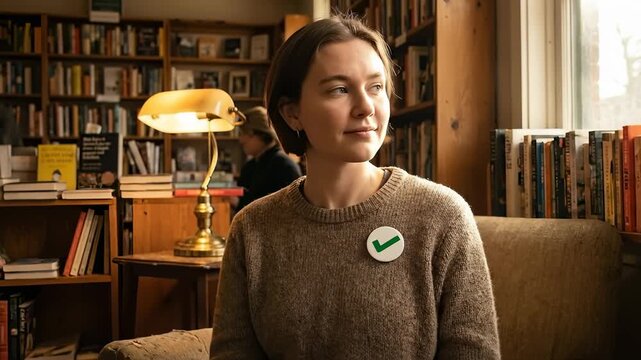 Woman Pins Button on Sweater in Cozy Bookstore Setting