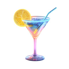 Vibrant blue and pink cocktail with lemon slice and straw isolated on transparent background