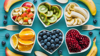 Colorful heart shaped fruit bowls on blue background
