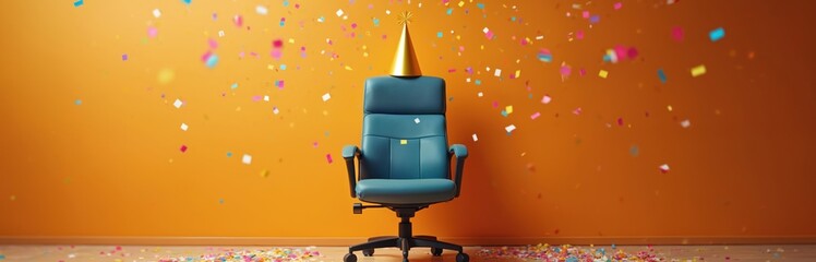Fototapeta premium Office chair wears party hat. Confetti falls around furniture in room. Festive mood for corporate event or workplace celebration. Empty seat awaits guest.
