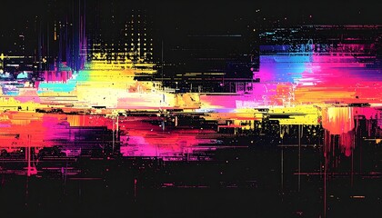 Abstract painting with vibrant neon colors and dark background, resembling a distorted city at night