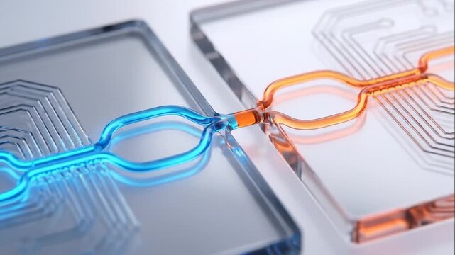 Microfluidic Chip Merging Blue and Orange Liquids for Experiment