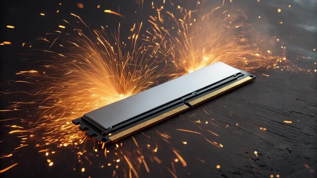 Black memory module dark surface with orange sparks and dramatic lighting conveying power and energy plus high performance computer memory module