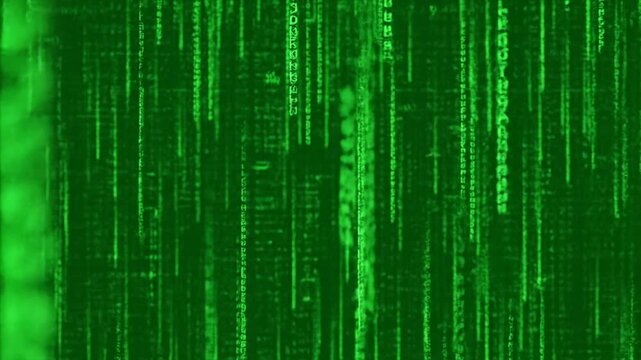 Green abstract grunge background featuring digital binary code and futuristic tech patterns for a modern computer data design