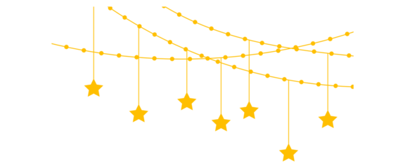 Festive PNG banner with shiny gold bunting, stars, garlands. Perfect for New Year, birthday or Christmas party decoration, luxury celebration, or invitation overlay