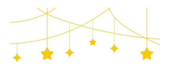 Festive PNG banner with shiny gold bunting, stars, garlands. Perfect for New Year, birthday or Christmas party decoration, luxury celebration, or invitation overlay