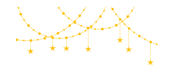 Festive PNG banner with shiny gold bunting, stars, garlands. Perfect for New Year, birthday or Christmas party decoration, luxury celebration, or invitation overlay