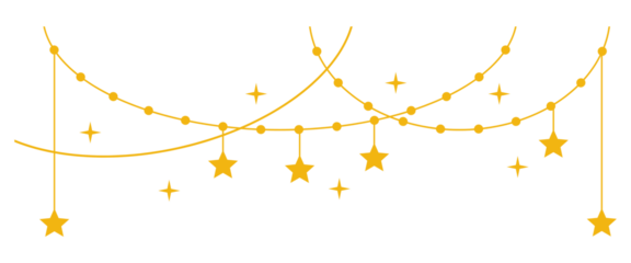 Festive PNG banner with shiny gold bunting, stars, garlands. Perfect for New Year, birthday or Christmas party decoration, luxury celebration, or invitation overlay