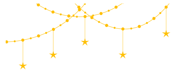 Gold Star of David ornaments are hanging from bead garlands in flat style on transparent background