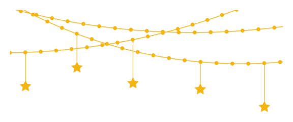 Gold Star of David ornaments are hanging from bead garlands in flat style on transparent background