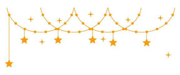 Gold Star of David ornaments are hanging from bead garlands in flat style on transparent background