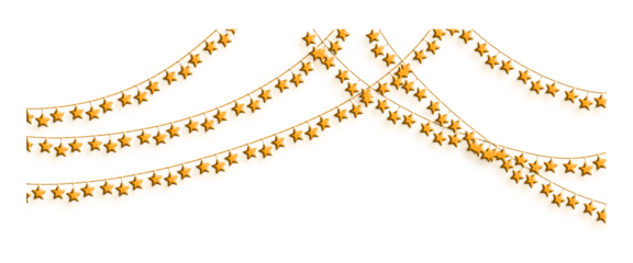 Realistic golden Christmas lights garlands with glowing stars Festive magic fairy strings for holiday decoration, New Year party banner, vector isolated on transparent background