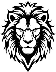 Monochrome Lion Head Vector Emblem with Intense Gaze and Detailed Mane, Transparent PNG and Editable EPS