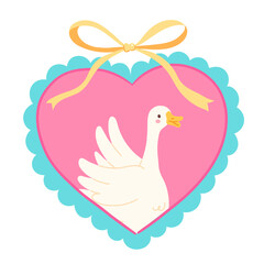 Goose Cartoon with Ribbon Bow in Heart Frame Illustration