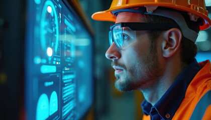 Industrial worker wears safety helmet and glasses examines complex digital interface on large screen. Man analyzes data on futuristic computer display in control room at night. He studies charts.