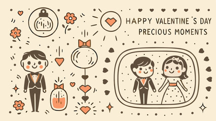 A cartoon illustration of a loving couple surrounded by glass heart ornaments and valentine's day decorations on a soft background