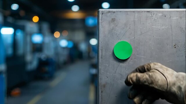 Worker Presses Green Button on Industrial Machine in Factory Setting