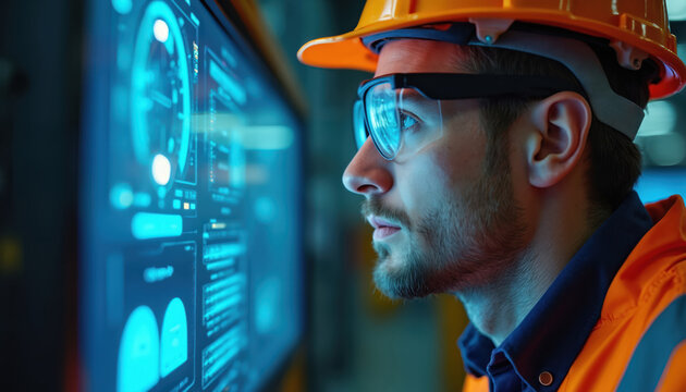 Industrial worker wears safety helmet and glasses examines complex digital interface on large screen. Man analyzes data on futuristic computer display in control room at night. He studies charts. - Powered by Adobe