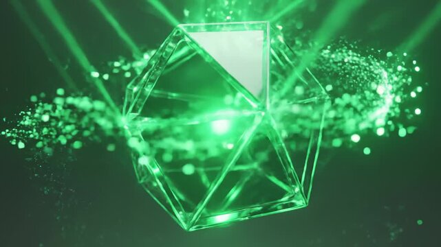 Abstract Octahedron Rotating With Green Particle Effects and Light Rays
