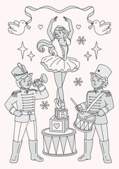 Vintage monochrome line art of a Nutcracker ballerina with toy soldiers. A contour Christmas coloring page concept for a fun holiday activity.