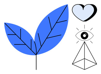 Naklejka premium Growth, wellness, spirituality, mindfulness, nature, holistic living. Blue leaves, heart eye and pyramid on minimalist white background. Growth and wellness through nature and geometric shapes