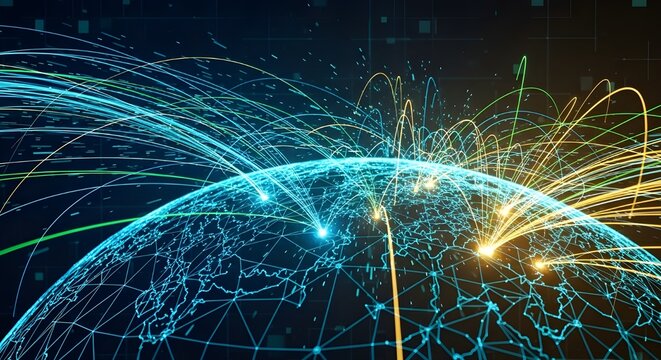 Abstract visualization of a global network with glowing data lines - Powered by Adobe