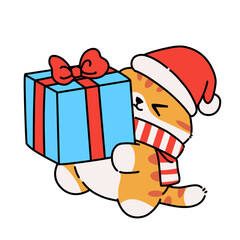 Cute cartoon cat wearing a Santa hat and carrying a gift box, kawaii illustration symbolizing Christmas surprise, holiday joy, and festive spirit.