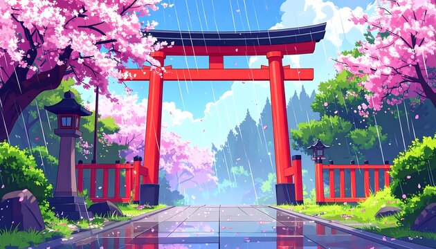Anime-style landscape a red torii gate centered amidst blooming cherry trees under a bright sky with falling rain