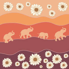 Warm retro-style vector illustration with cute elephants walking across flowing waves and blooming daisy flowers, perfect for textile prints, wallpapers, backgrounds, and decorative surface designs.