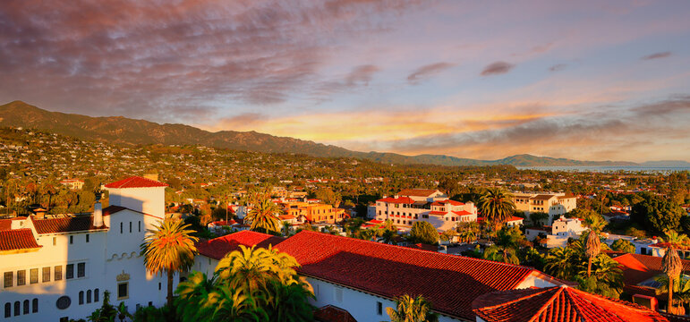 Wide view of Santa Barbara at sunset from the courthouse tower