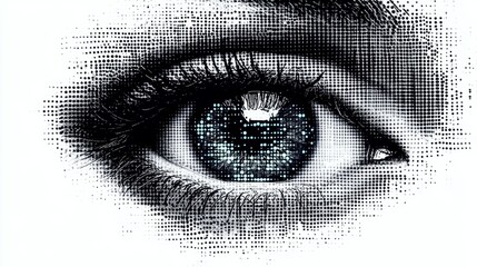 Digital Eye Halftone Patterns Symbolizing Modern Surveillance and Technological Vision in Society