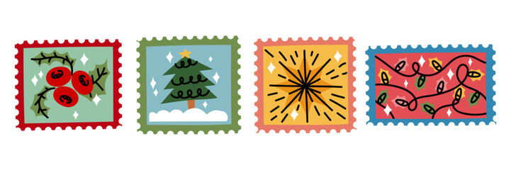 A set of colorful flat Christmas stamps with traditional symbols. A Christmas tree, berries, a star, and a garland of lights. Perfect for greeting cards, winter scrapbooking, and seasonal decor