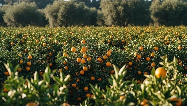 Rows of ripe oranges growing on trees in a sunny orchard landscape.