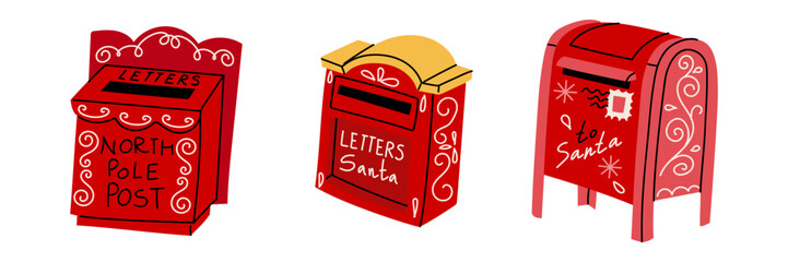 set of red mailboxes for Santa Claus's letters. featuring North Pole mail and Santa Claus lettering. Red and yellow flat illustration. Perfect for postcards, stickers, labels, and holiday graphics