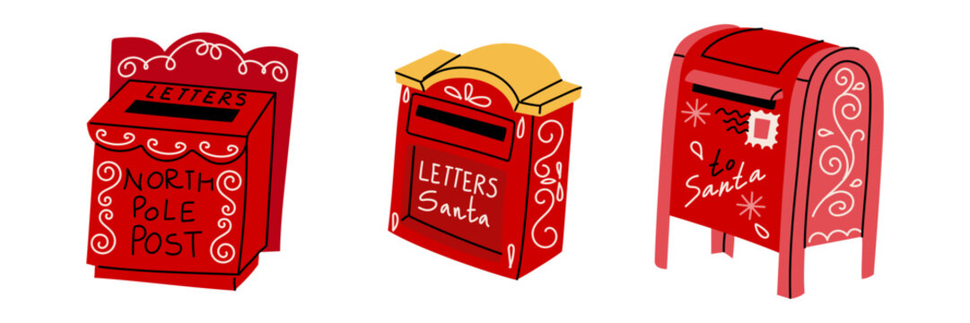 set of red mailboxes for Santa Claus's letters. featuring North Pole mail and Santa Claus lettering. Red and yellow flat illustration. Perfect for postcards, stickers, labels, and holiday graphics